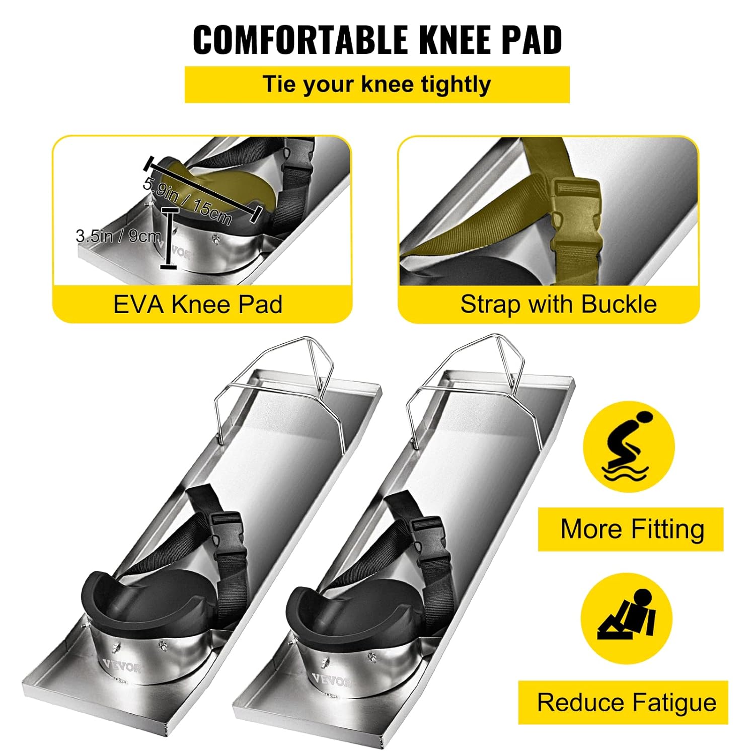 VEVOR Rodilleras de hormigón deslizante de 28 x 8 pulgadas, de acero inoxidable, par de deslizadores móviles con rodilleras de hormigón y correas para tablero para acabado de concr... 8